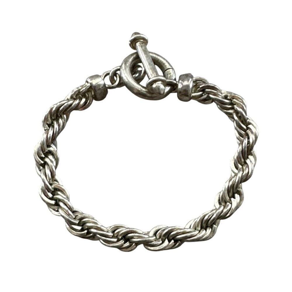 Silver Tone Rope Bracelet Braided Twist Chain Toggle Clasp 7.5"